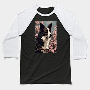 Border Collie and Cherry Blossoms - Japanese Ukiyo-e Painting Baseball T-Shirt